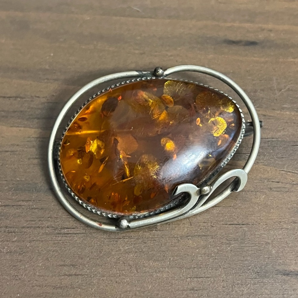 Vintage 11g Amber Sterling Silver Wrapped Brooch Large Cabochon Baltic Pendant